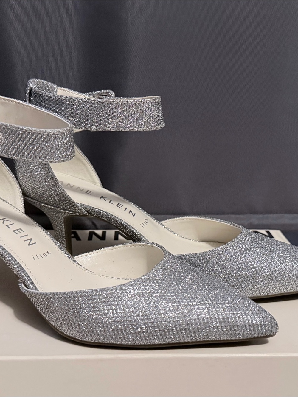 Anne Klein Silver Glitter Pointed-Toe Ankle-Strap Pumps